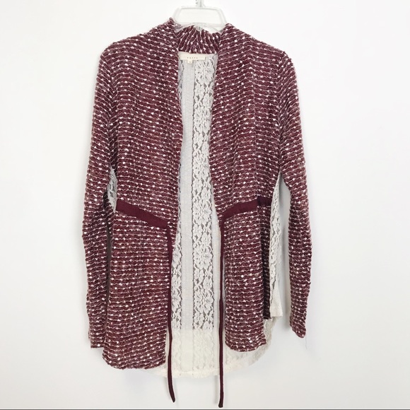 NEW Entro Burgundy Lace Layered Knit Cardigan S - Picture 2 of 8
